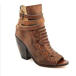 Freebird Brown Leather Eagle Peep Toe Ankle Bootie Size 9